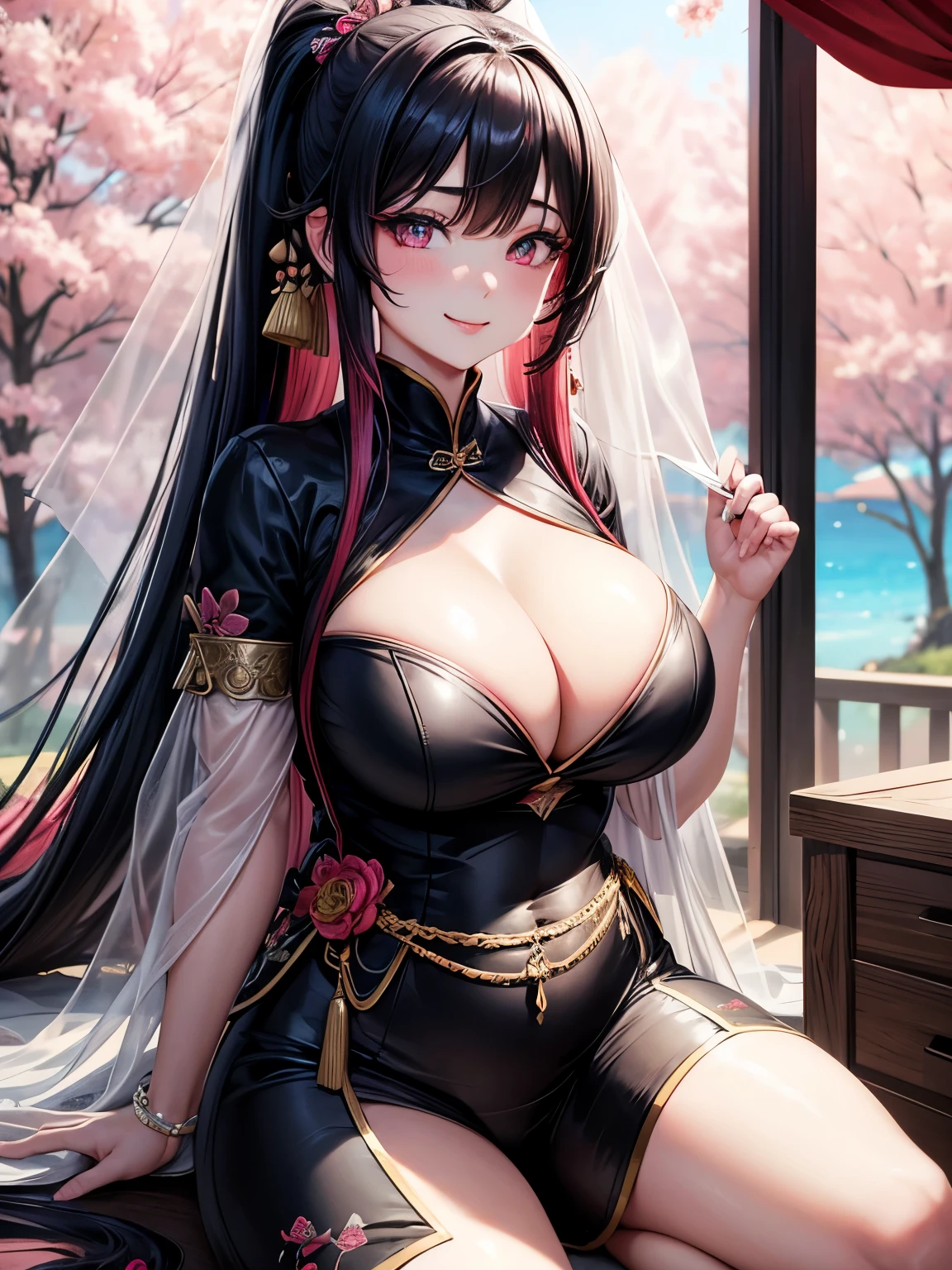 a 20 age chubby girl, your face has strong pink makeup, wearing a long black qipao, darkgolden eyes, beautiful detailed eyes, sensual pose, suggestive pose, evil smile, very long hair, lightred hair, long ponytail hair, light and transparent veil filling with charm and seduction, stunning beautiful artwork, maximalist, by artgerm, 8k anime artwork, 8k photo, trending on artstation. looking at the viewer, masterpiece, best quality