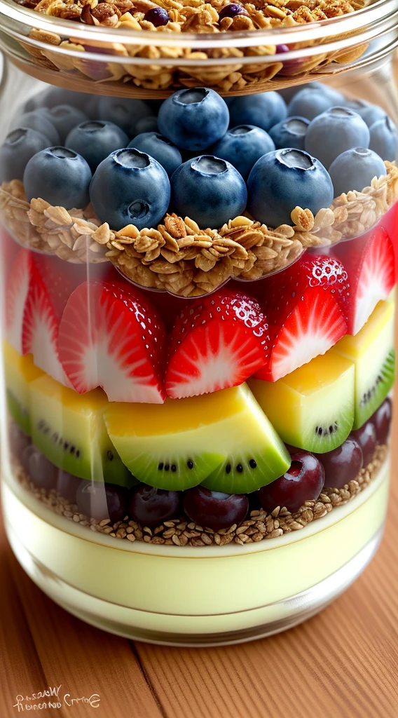 clear! Here is a visual explanation of the yogurt and fruit parfait recipe:

Clear cups and containers reveal vibrant layers of color. The base has a thick layer of natural low-fat yogurt, with creamy tones. On top of yogurt, Like chopped fresh fruit々There is something, bright red strawberries etc., Juicy purple blueberries, bright green kiwi. These fruits are、Adds freshness and an explosion of color to desserts。. Gently spread 1 tablespoon of unsweetened granola over the fruit., Add crunch and texture. finally, Tiny chia seeds are sprinkled on top of the granola, add visual contrast. At the top of the glass, You can see the combination of colorful layers, create something attractive, Delicious and balanced dessert.