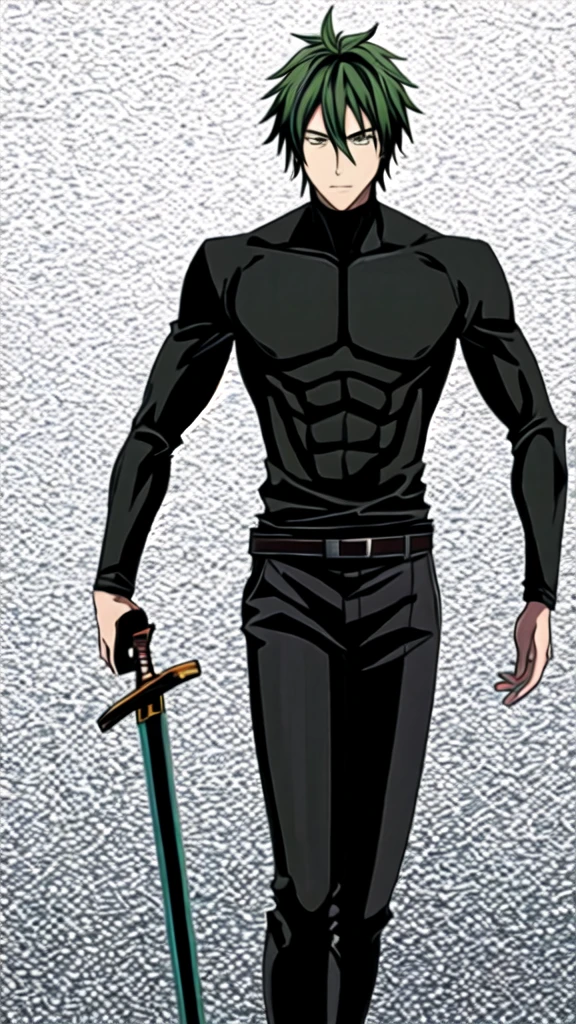 1 man, black, with green hair, and a sword
