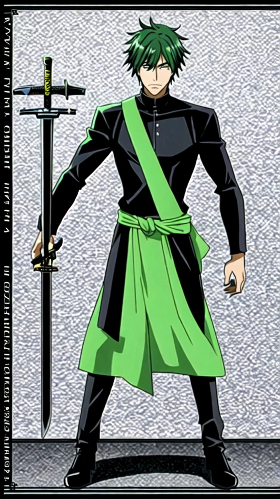 1 man, black, with green hair, and a sword