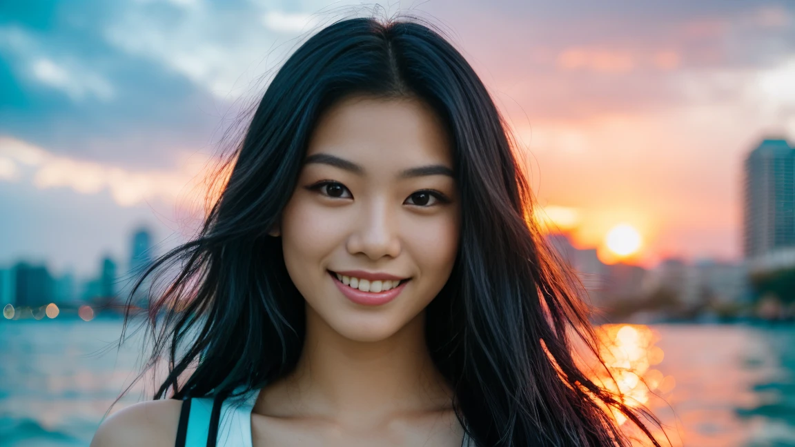 arafed woman with long black hair with purple high lights swimming at the beach with a dolphin, flowing black hair purple high lights, with black hair, photo of a beautiful woman, long flowing black hair, black golden hour, curly pink hair, beautiful young asian woman, beautiful asian woman, wild ginger hair, pink wispy hair, light pink hair, a young asian woman, an asian woman, infp young woman,  Portrait photo of a 22-year-old french girl in RAW UHD format (Brown-eyed woman)  Details (textures! , Hair! , glistering, Color!! , imperfections: 1.1), highly detailed glossy eyes (looking at the camera), DSLR Lighting, SLR camera, Ultra-Quality, sharpness, Depth of field, Film grain (Downtown), Fujifilm XT3, Crystal clear, Frame Center, beatiful face, sharp-focus,  neon lighting, bokeh (lit), day time, (open  sky), detailed skin pores, oilly skin, suntan, Complex eye details, (((Dolphin))), ((smiling)), ((swimming))