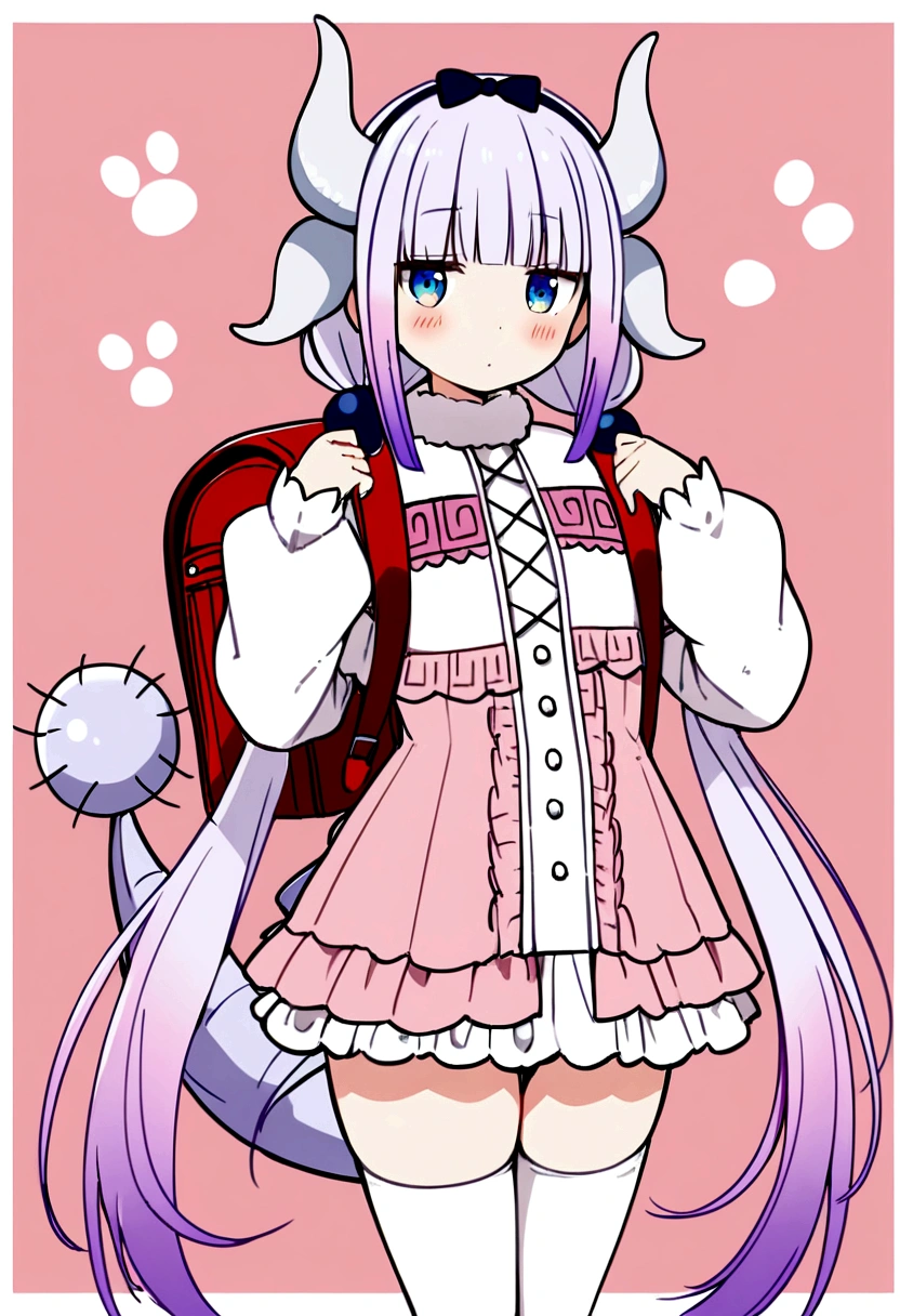 1girl, kanna kamui, beads, blue eyes, blush, border, closed mouth, cowboy shot, dragon girl, dragon horns, dragon tail, dress, fur trim, hair beads, hair ornament, holding strap, horns, koharu hako, long hair, long sleeves, low twintails, outside border, pink background, pink dress, puffy long sleeves, puffy sleeves, purple hair, randoseru, red bag, short dress, solo, tail, thighhighs, twintails, white border, white thighhighs, High-angle shot