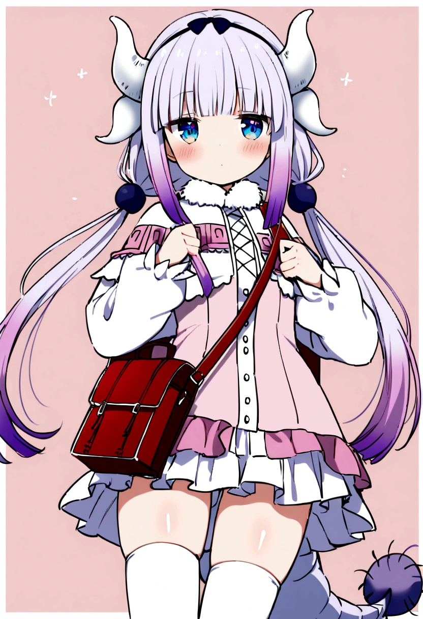 1girl, kanna kamui, beads, blue eyes, blush, border, closed mouth, cowboy shot, dragon girl, dragon horns, dragon tail, dress, fur trim, hair beads, hair ornament, holding strap, horns, koharu hako, long hair, long sleeves, low twintails, outside border, pink background, pink dress, puffy long sleeves, puffy sleeves, purple hair, randoseru, red bag, short dress, solo, tail, thighhighs, twintails, white border, white thighhighs, High-angle shot