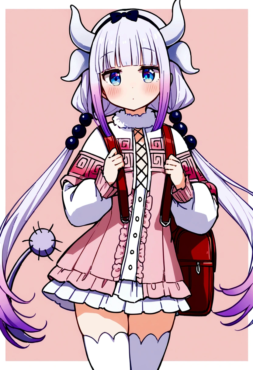 1girl, kanna kamui, beads, blue eyes, blush, border, closed mouth, cowboy shot, dragon girl, dragon horns, dragon tail, dress, fur trim, hair beads, hair ornament, holding strap, horns, koharu hako, long hair, long sleeves, low twintails, outside border, pink background, pink dress, puffy long sleeves, puffy sleeves, purple hair, randoseru, red bag, short dress, solo, tail, thighhighs, twintails, white border, white thighhighs, High-angle shot