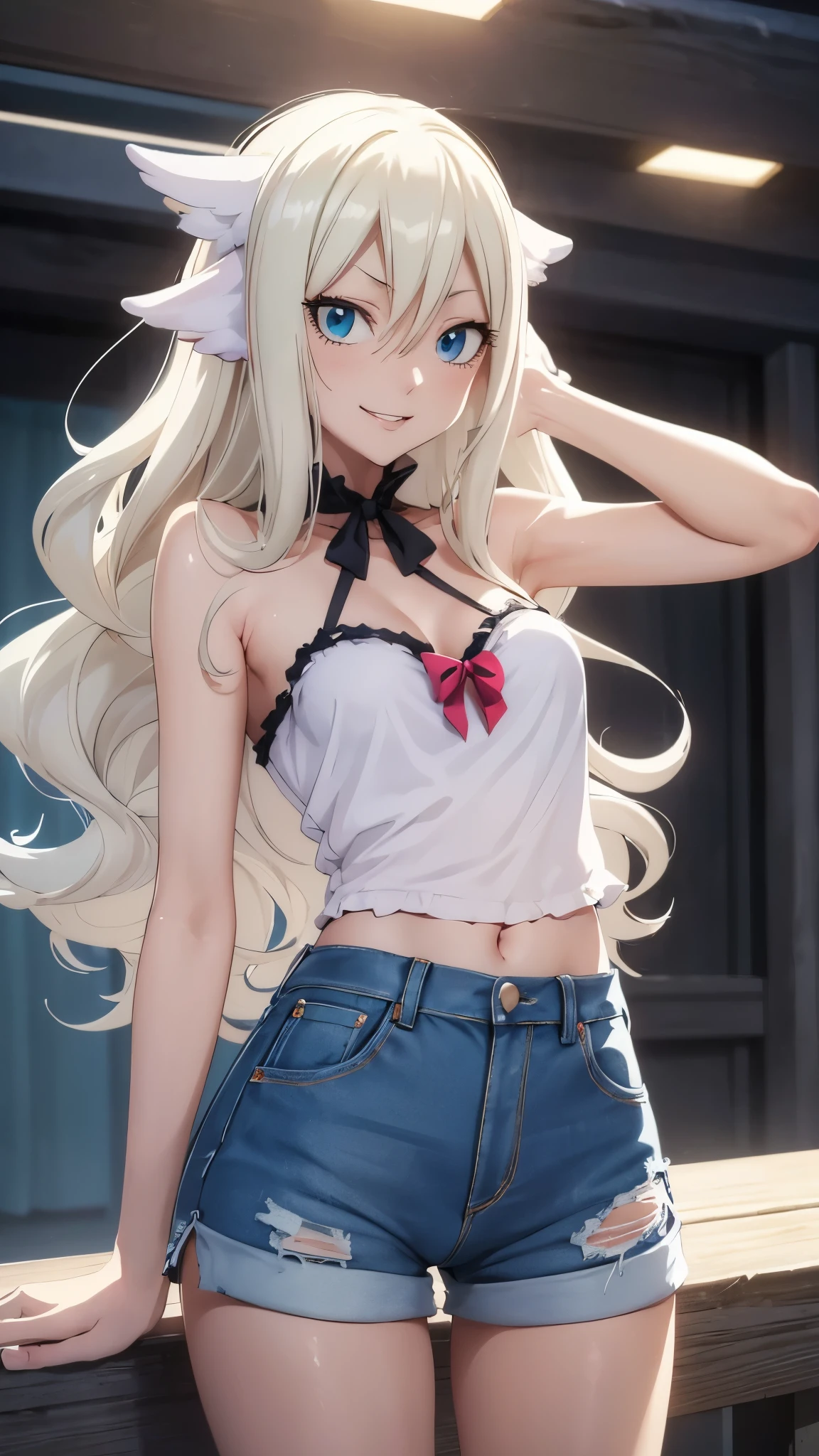 (best quality,highres:1.2),ultra-detailed,realistic,photorealistic:1.37,a beautiful girl (Mavis Vermillion from Fairy Tail) model in the image of a charming sexy Succubus with small tail,************,long legs,medium breasts,extremely detailed face (with emphasis on azure eyes and she smile),Her white-colored hair falls to her shoulders.She is dressed in short blue denim shorts and a very short top (very shabby and torn in places),bent down, lifting her ass to the top,more sexy pose,illustration,colorful pop up art style,dynamic lighting,neon colors.Nsfw