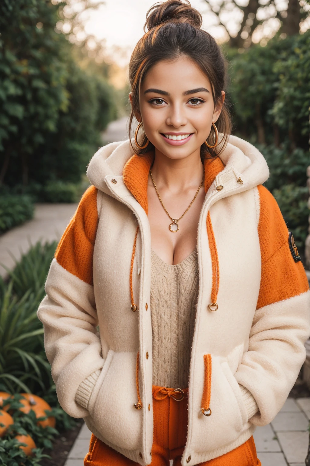 Half-length glamour portrait, nikon D850, f1.6 lens, 200mm, DSLR, 22 Megapixels, (((Private garden scene))), shot of a stunning 20 years old portuguese girl, (smile:1.4), (wearing cream puffer jacket with Dark orange cargo pants and wool sweater:1.6), ((seductive pose)), hot girl, (((big natural breasts))), (((brown ponytail hair))), (small girl), symmetrical face, photorealistic, photography, (bright natural lighting), gorgeous, deep cleavage, (masterpiece), best quality, high resolution, extremely detailed, cinematic lighting, (((very narrow waist))), rich colors, hyper realistic, lifelike texture, ((jewelry)), (((She has beautiful hands and wears rings))), (bracelet), (necklace), (ankle chain), (nail polish) (earrings), Fuji Superia 200, 8k
