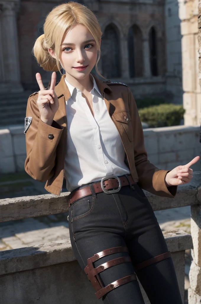 masterpiece, best quality, highres,
castle ruins, sunset, serious expression,
1girl, solo, looking at viewer, smile, v, peace sign,
historia, christa renz, blonde hair, blue eyes, hair between eyes, short hair,  ponytail, official art,
jacket, brown jacket, emblem, belt, thigh strap, pants, white pants,  boots, shirt, white shirt, collared shirt,