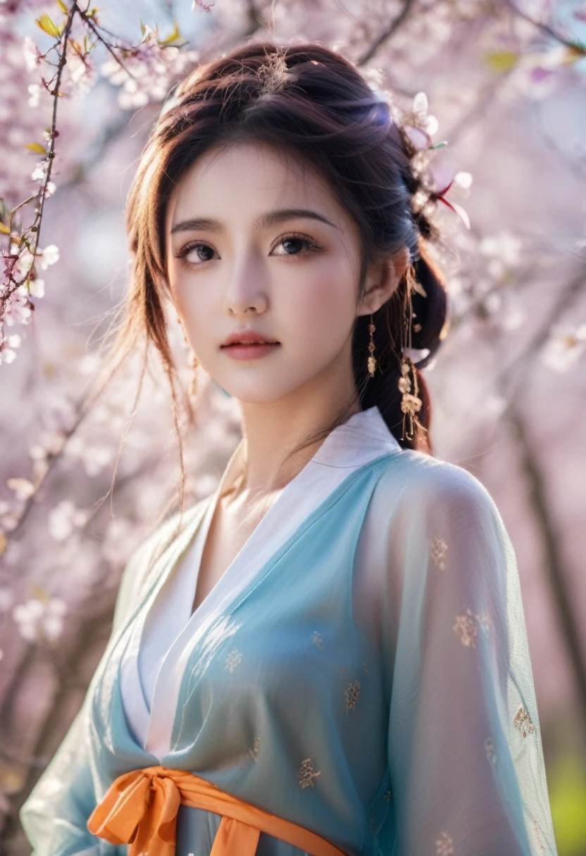 light照片 1girl,Long wrap skirt ,spring. 50 mm photo, light, Bokeh, professional, 4k, Very detailed