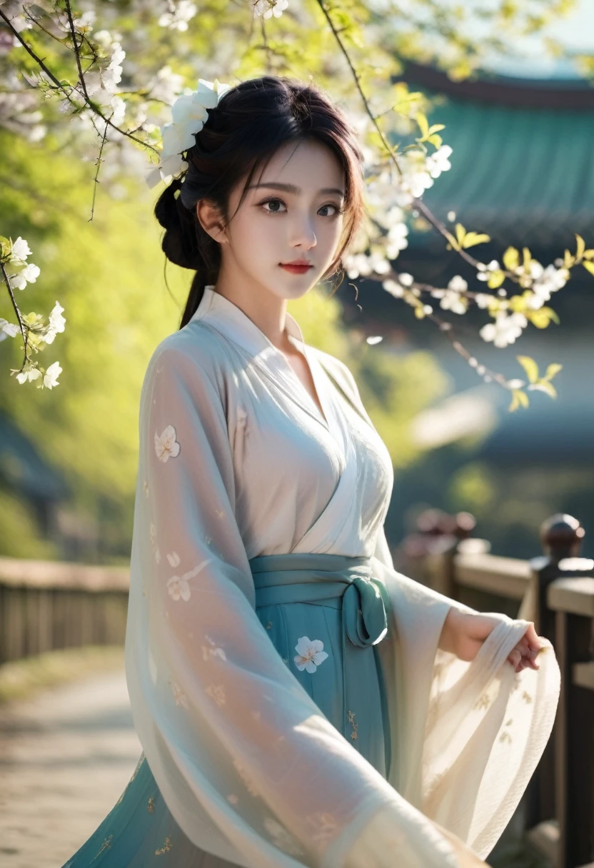 light照片 1girl,Long wrap skirt ,spring. 50 mm photo, light, Bokeh, professional, 4k, Very detailed