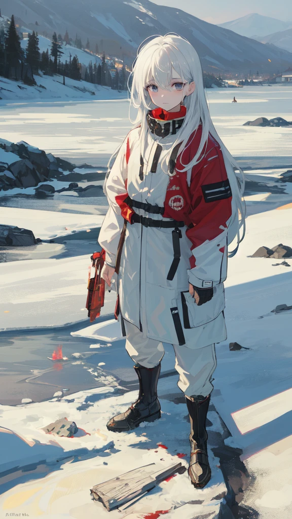 masterpiece:1.2), best quality , solo:1.5 ,pixiv, anime girl ，long straight white hair , black eyes ,Wearing off-white camouflage uniform ,ten years old，battlefield，Standing in the snowy mountains，(Eyes looking into the distance:1.3)，There is a flame burning beside you，(look away:1.5)，snowy weather，The girl stands among the deserted snowy mountains，blood on forehead，dirty face，Background mixed with metal fragments:1.2，Backlight，Black lake in the background，Stand on a glacier，Bare rocky peaks , Scrap metal on the snow，The expression is sad