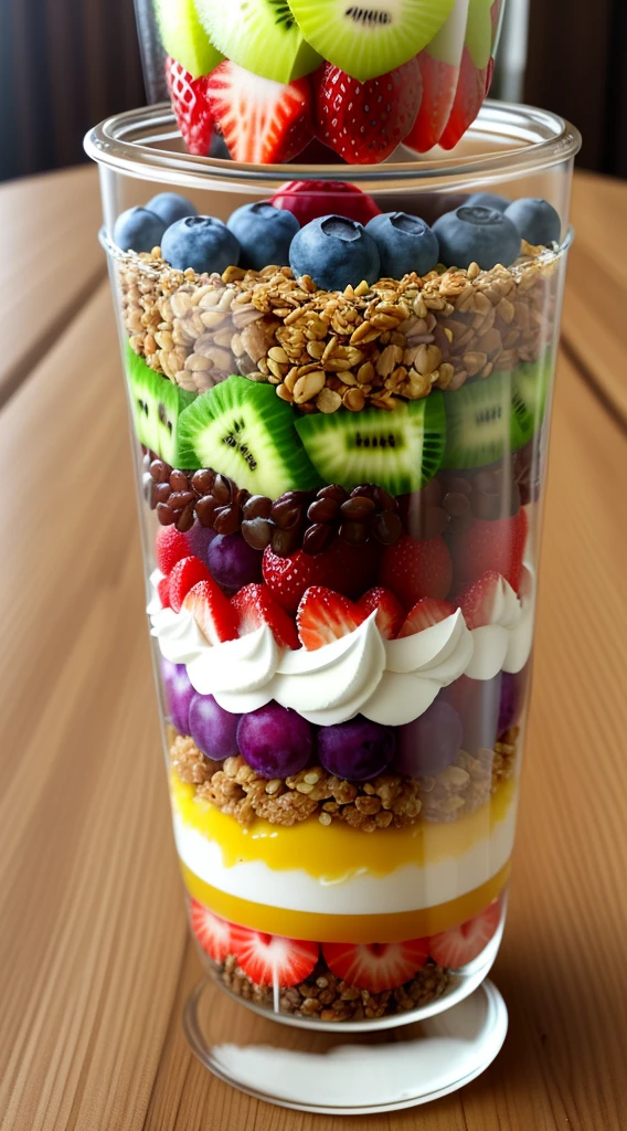 clear! Here is a visual explanation of the yogurt and fruit parfait recipe:

Clear cups and containers reveal vibrant layers of color. The base has a thick layer of natural low-fat yogurt, with creamy tones. On top of yogurt, Like chopped fresh fruit々There is something, bright red strawberries etc., Juicy purple blueberries, bright green kiwi. These fruits are、Adds freshness and an explosion of color to desserts。. Gently spread 1 tablespoon of unsweetened granola over the fruit., Add crunch and texture. finally, Tiny chia seeds are sprinkled on top of the granola, add visual contrast. At the top of the glass, You can see the combination of colorful layers, create something attractive, Delicious and balanced dessert.