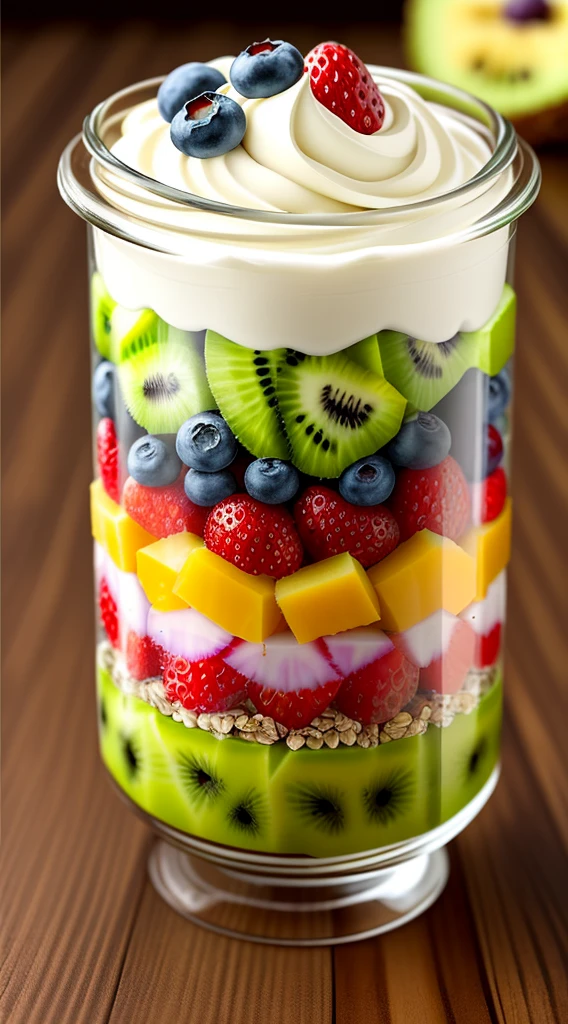 clear! Here is a visual explanation of the yogurt and fruit parfait recipe:

Clear cups and containers reveal vibrant layers of color. The base has a thick layer of natural low-fat yogurt, with creamy tones. On top of yogurt, Like chopped fresh fruit々There is something, bright red strawberries etc., Juicy purple blueberries, bright green kiwi. These fruits are、Adds freshness and an explosion of color to desserts。. Gently spread 1 tablespoon of unsweetened granola over the fruit., Add crunch and texture. finally, Tiny chia seeds are sprinkled on top of the granola, add visual contrast. At the top of the glass, You can see the combination of colorful layers, create something attractive, Delicious and balanced dessert.
