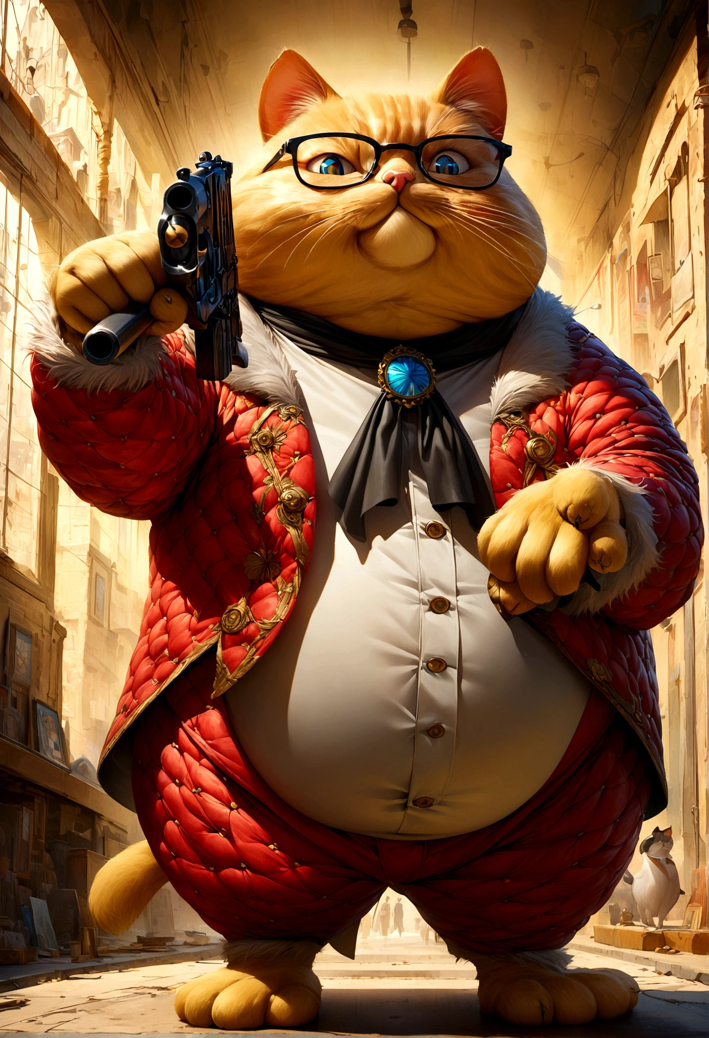 a fat cartoon cat standing upright holding dollars in one paw, wearing glasses, holding a gun, detailed fur textures, whimsical expression, anthropomorphic, dynamic pose, vibrant colors, 4k, high quality, intricate details, photorealistic, award winning illustration