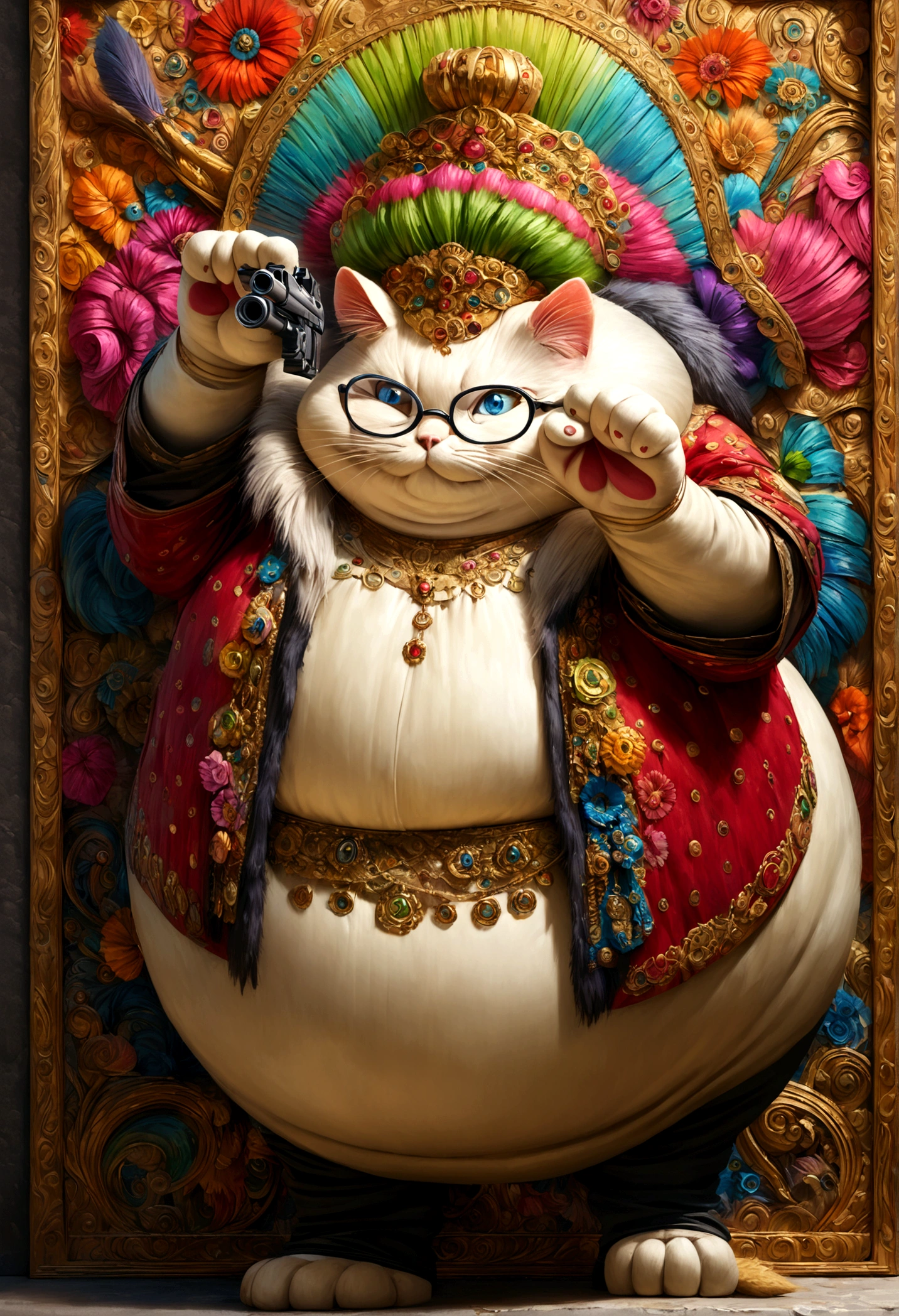 a fat cartoon cat standing upright holding dollars in one paw, wearing glasses, holding a gun, detailed fur textures, whimsical expression, anthropomorphic, dynamic pose, vibrant colors, 4k, high quality, intricate details, photorealistic, award winning illustration