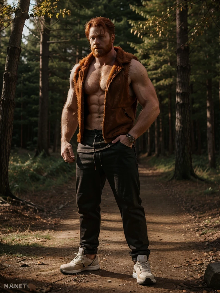 A full body view of a ginger male werewolf wearing clothes that werewolves typically wear.