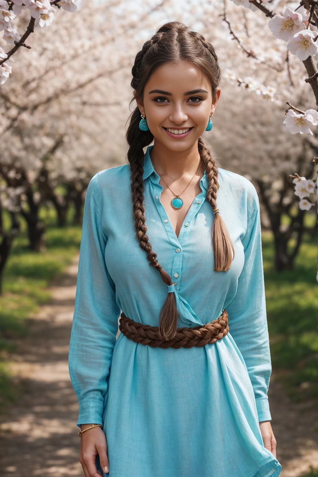 Half-length glamour portrait, nikon D850, f1.6 lens, 200mm, DSLR, 22 Megapixels, (((Blossoming orchard scene))), shot of a stunning 20 years old portuguese girl, (smile:1.4), (wearing Turquoise Linen shirt dress with braided raffia belt:1.6), ((seductive pose)), hot girl, (((big natural breasts))), (((brown ponytail hair))), (small girl), symmetrical face, photorealistic, photography, (bright natural lighting), gorgeous, deep cleavage, (masterpiece), best quality, high resolution, extremely detailed, cinematic lighting, (((very narrow waist))), rich colors, hyper realistic, lifelike texture, ((jewelry)), (((She has beautiful hands and wears rings))), (bracelet), (necklace), (ankle chain), (nail polish) (earrings), Fuji Superia 200, 8k
