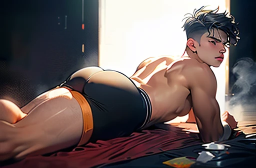 Lying on his stomach puffs of transparent Orange steam gather into the figure of a young man + in tight-fitting tights + aesthetically pleasing + beautiful + high resolution + hyperrealism + professional photo, Young guy, pronounced muscles, fifteen years old, posing, offering himself, tempting, erotic, in a thong, erotic, provocative Halloween costume, Rear top view, European appearance , daring, brutal hairstyle, large voluminous elastic lush buttocks, torn fabric exposed, ART painting, white hair, attractive uncovered male figure, full-length silhouette, image of insidious seduction, professional photo,