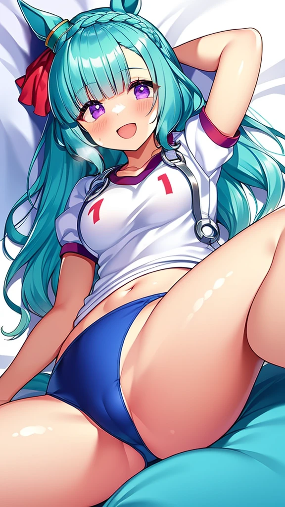 {{{NSFW}}},{{{masterpiece:1.2}}},{{{best-quality:1.2}}},{{{ultra-quality:1.2}}},{{ultra-detailed:1.2}},{{{ultra-highres:1.2}}},{{{ultra-high-resolution:1.2}}},{{{extremely-detailed-CG-unity-8k-wallpaper}}},Mejiro Ardan\(umamusume\),{1 girl,beautiful girl,18 yo,cute,smile,kawaii, lovely,blushing,playful expression},oily skin,beautiful detailed hair,glossy hair,(wear gym uniform:1.5),(lying on the bed:1.2),wear buruma,perfect two legs,(spread two legs:1.2),,five fingers,(large breaths),beautiful detailed eyes,jewel like eyes,violet eyes, (two hands behind head:1.1),open mouth,armpits, solo,beautiful navel,  looking at viewer,collarbone,earring