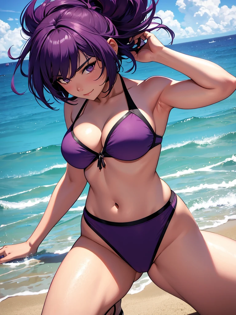 1women, wearing a sexy bikini, at a beach, purple colour short hair, 8k, high detailed, high quality
