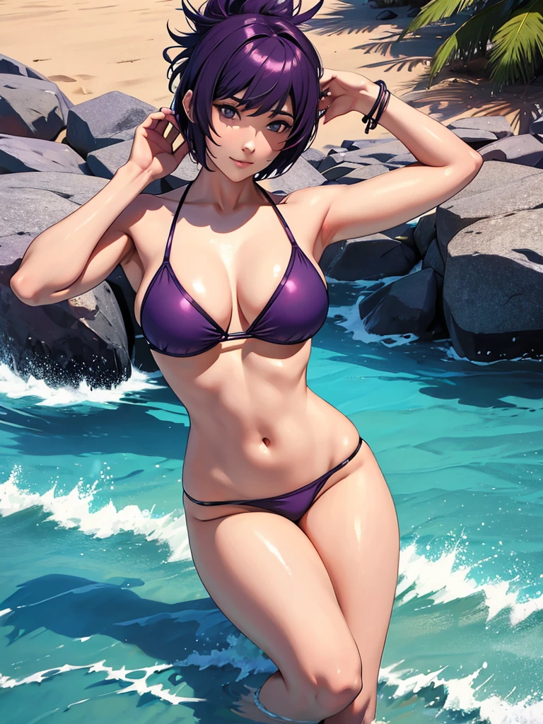 1women, wearing a sexy bikini, at a beach, purple colour short hair, 8k, high detailed, high quality