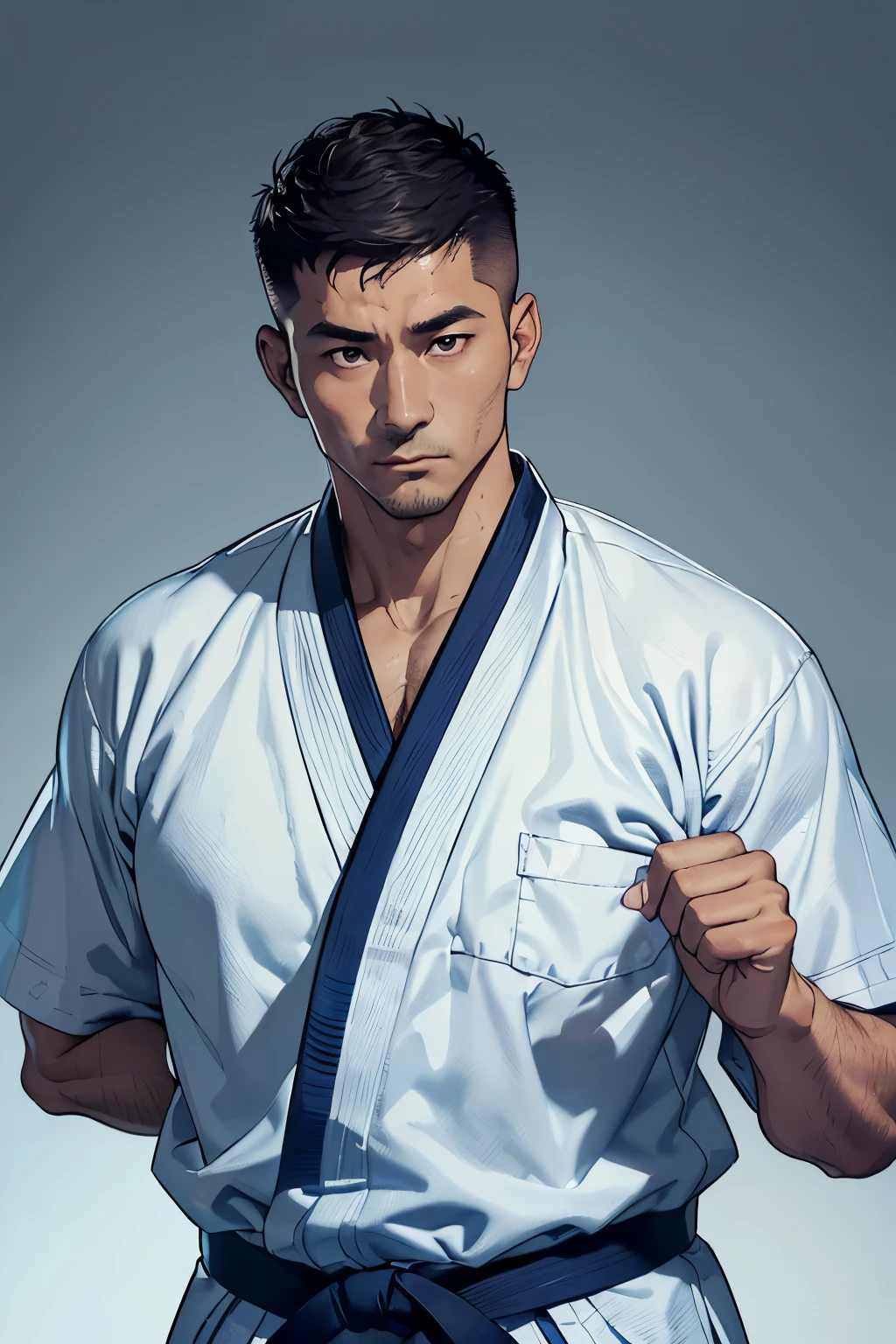 ((A 43-year-old gentleman in a judo uniform2people))、アジアpeople、((Wearing a judo uniform))((Budokan))Hairy(Normal body type)(Short Hair)(Buzz Cut)((good looking)),Shaved head,(Detailed eyes:1.3),Eyes are black,Esbian all over,
