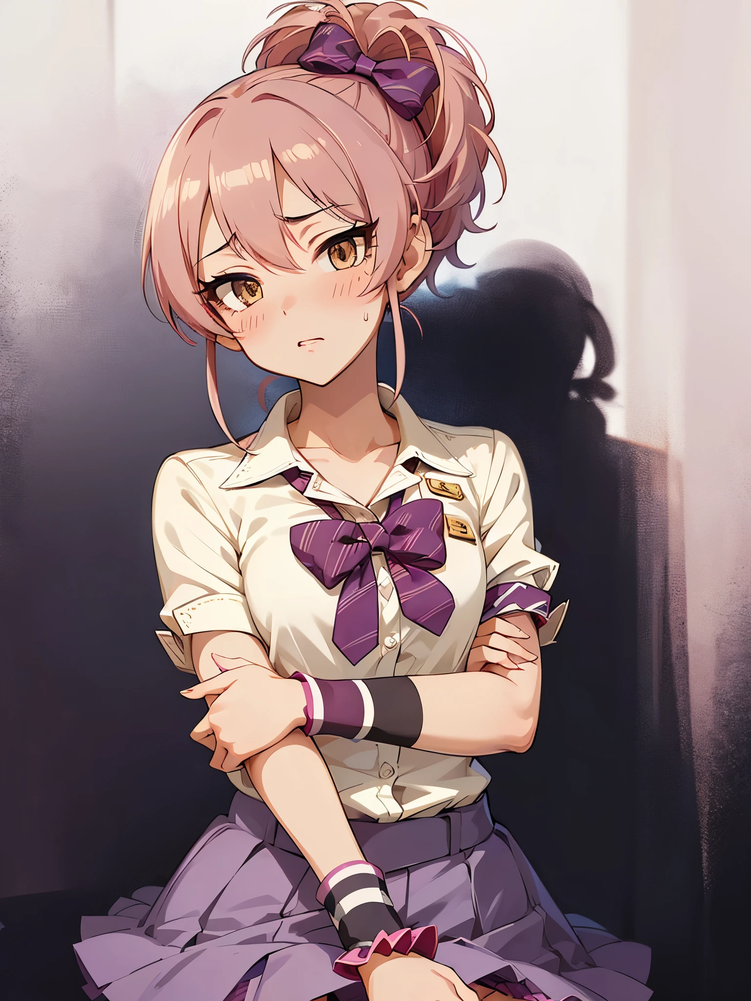 NSFW,Amica、ponytail、Hair Ribbon、clavicle、uniform、stripe、A bow tie、Collared shirt、White shirt、Rolled up sleeves、Wrist scrunchies、Waist clothes、Checkered Skirt、Purple Skirt,(Perfect hands),(Perfect Anatomy),(masterpiece),(Highest quality),School,Embarrassed,blush