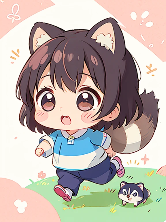 Momoko Sakura style, Kawaii Design, Chibi, Running together、Lots of cute raccoons、Playing with raccoon dogs