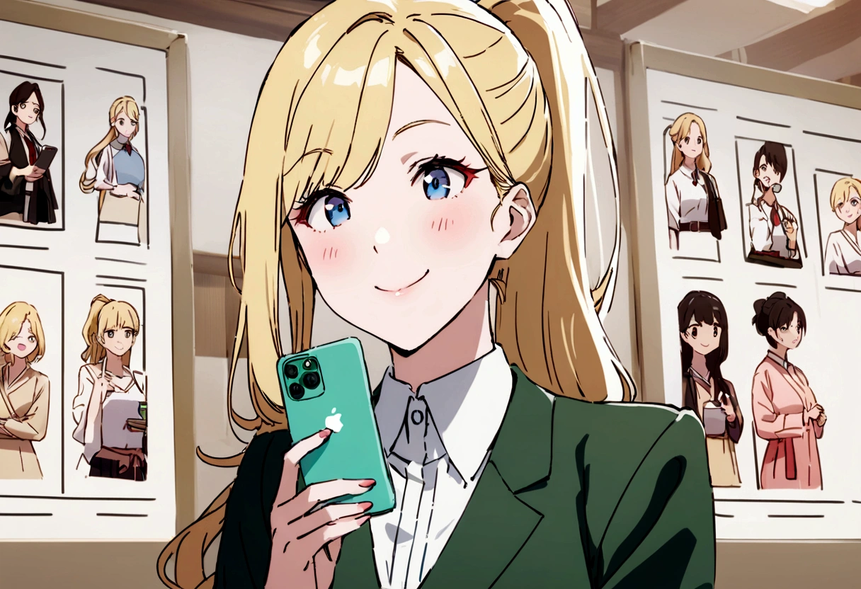 Background of the Stock Investment Chart　Japanese　20th Generation　woman　holding a smartphone　Long hair smiling　 Perfect Face　blonde　ponytail　bank