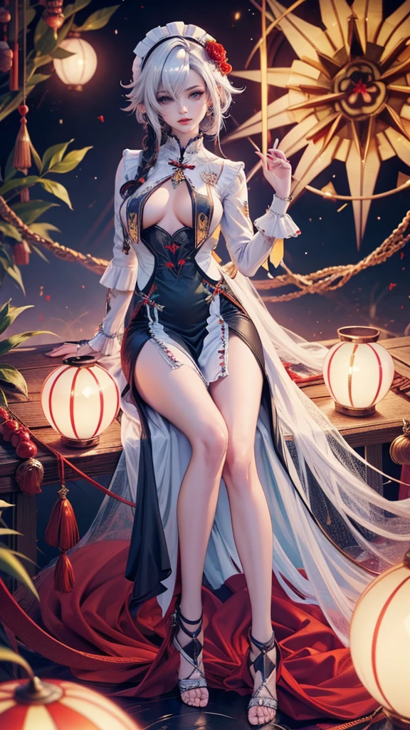 1girl, dress, maid dress, solo, flowing hair, floating hair, ornament hair, perfectly body, perfectly hands, two hands, two arms, two legs, five fingers in each one hand, on garden, Arlecchino_(genshin impact), roses, ornament hair, white hair, black hair, long hair, maid, dress, maid apron, maid headdress, sky, temple, shrien, chinese lantern, chinese home style, gold lantern, night, chinese festival, fireworks, centered girl, black dress, more details on her clothes, dress with transparency, golden details, daylight, smiling, coat, 1girl, dress, maid dress, solo, flowing hair, floating hair, ornament hair, perfectly body, perfectly hands, two hands, two arms, two legs, five fingers in each one hand, on garden, ((4k, masterpiece, top-quality)),8k, best quality, high resolution, HD, (illustration:0.8), super cute girl, delicate and beautiful face, mature girl, super cute hairstyle, (beautiful detailed eyes:1.6), extremely detailed face, perfect lighting, extremely detailed CG, (perfect hands, perfect anatomy), Best quality, cleavage, small skirt, full Body,