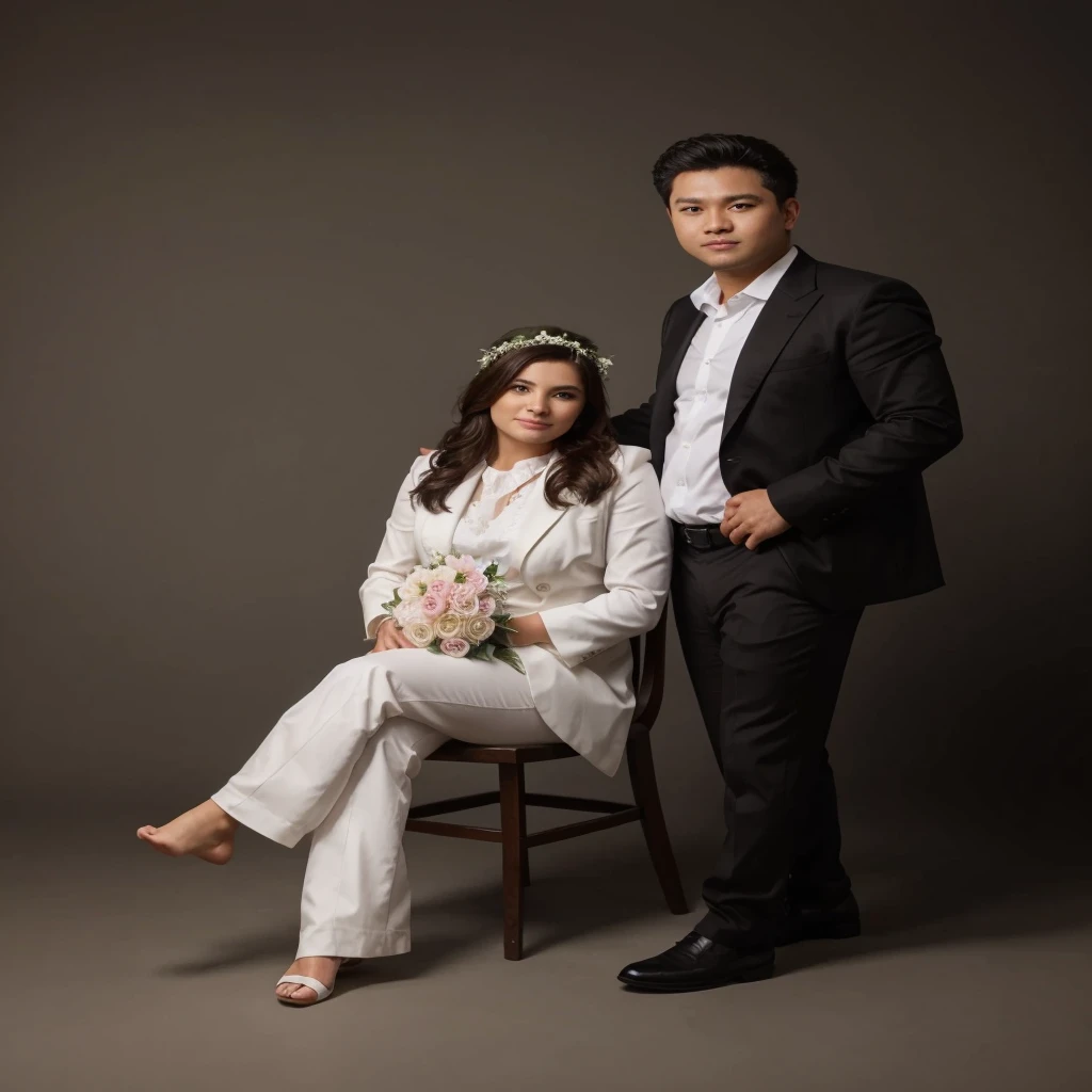 arafed man and woman in white sitting on a chair, wedding photo on garden , beatiful background bokeh garden