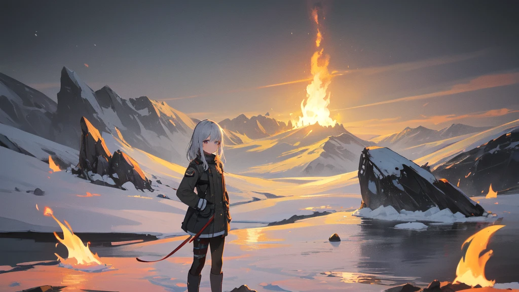 masterpiece:1.2), best quality , solo:1.5 ,pixiv, anime girl ，long straight white hair , black eyes ,Wearing off-white camouflage uniform ,，battlefield，Standing in the snowy mountains，(Eyes looking into the distance:1.3)，There is a flame burning beside you，(look away:1.5)，snowy weather，The girl stands among the deserted snowy mountains，blood on forehead，dirty face，Background mixed with metal fragments:1.2，Backlight，Black lake in the background，Stand on a glacier，Bare rocky peaks , Scrap metal on the snow，The expression is sad