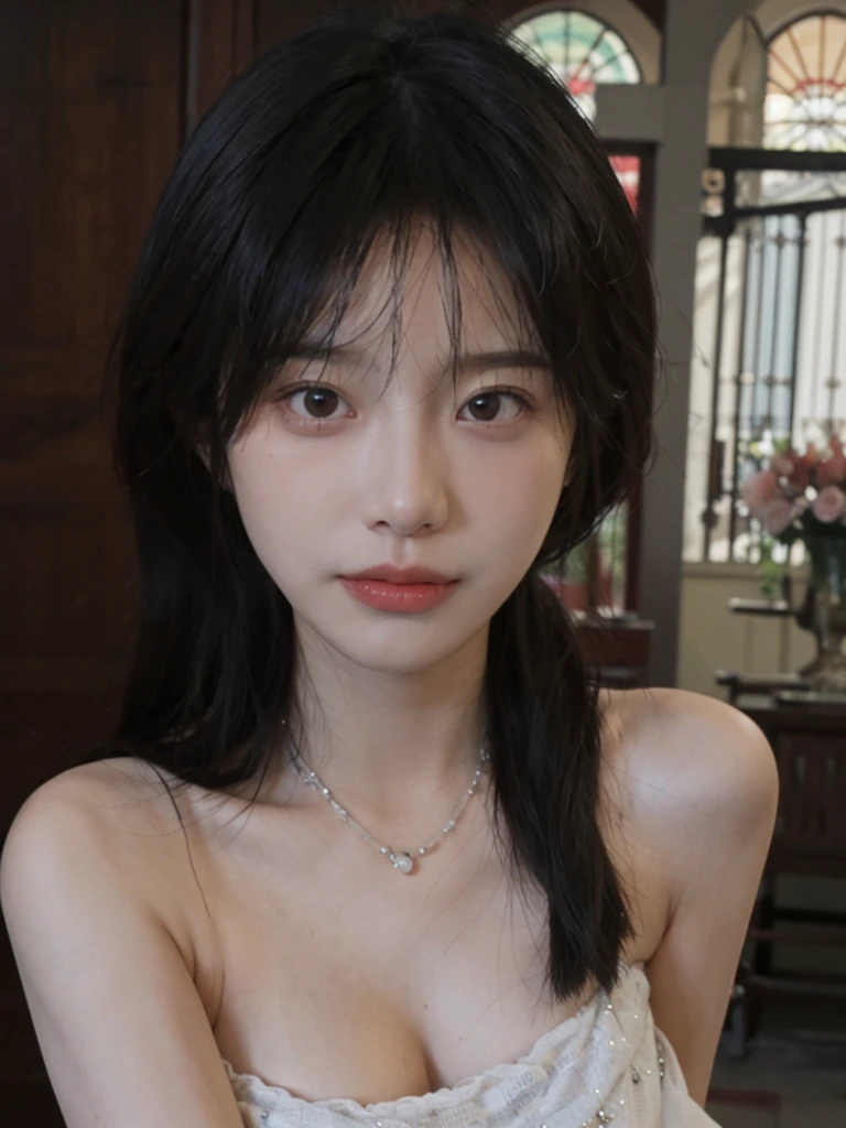 best qualtiy, 超高分辨率, (realisticlying:1.4), A girl, A pair of clear and moving peach blossom eyes,Royal Sister,with long coiled hair,(chies:1.4),(choker necklace:1.2)(Fair skin:1.2),(full bodyesbian:1.2)a sense of atmosphere,a beauty girl, ssmile,head straight-looking at viewer, closeup cleavage ,(Photorealistic:1.4),1girll,Sexy,(Black lace bra:1.4),(Big breasts:1.9),(Upper body:1.4),(Wet body),(:1.2)