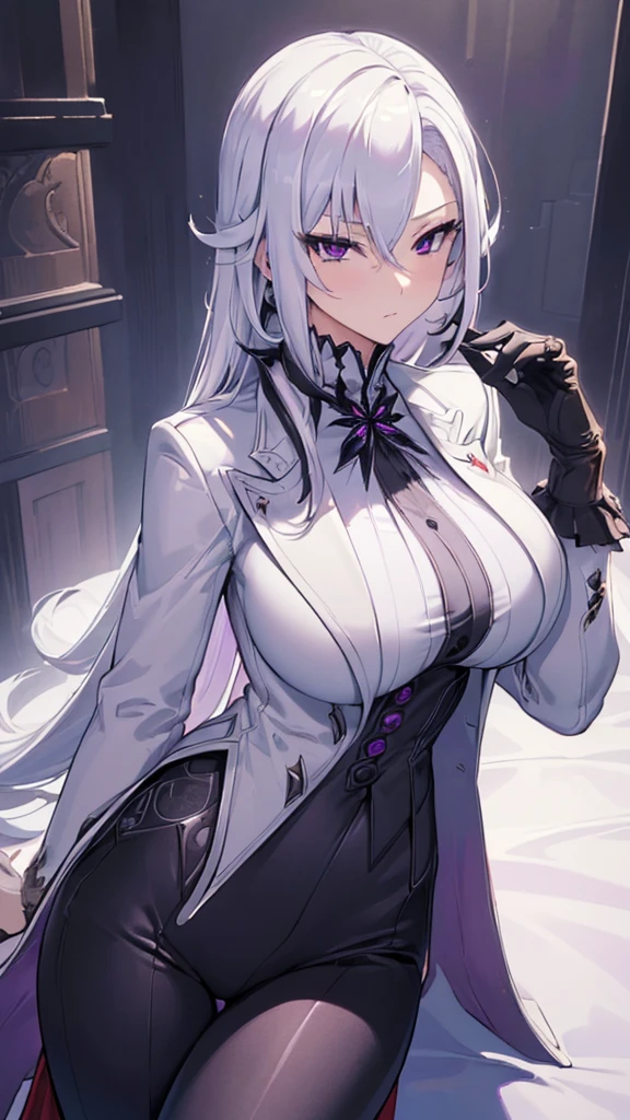 (best quality:1.3), (masterpiece:1.3), (illustration:1.3), (ultra-detailed:1.3), 1girl, solo, ((long hair, white hair, purple eyes)), (((large breasts))), black pants, white suit, serious expression, tall, mature, elegant, gloves, looking at viewer, nice hands, perfect hands, tsurime,