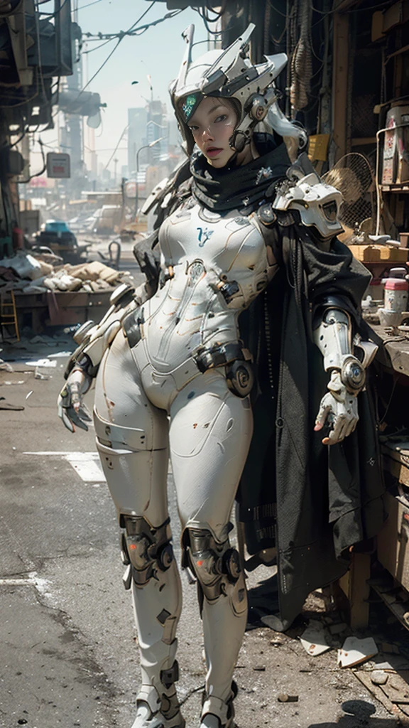 ((best quality)), ((masterpiece)), ((realistic)), (detailed), (photorealistic:1.5), a futuristic girl, (thick body), (white bodysuit), lights on armor, cybernetic headwear, looking at viewer, dynamic pose, post apocalyptic, destroyed city background, buildings on fire, science fiction, hdr, ray tracing, nvidia rtx, super-resolution, unreal 5, subsurface scattering, pbr texturing, post-processing, anisotropic filtering, depth of field, maximum clarity and sharpness, rule of thirds, 8k raw, (luminescent particles:1.4), (extremely detailed cg, unity 8k wallpaper, 3d, cinematic lighting, lens flare), reflections, sharp focus, cyberpunk art, cyberpunk architecture,