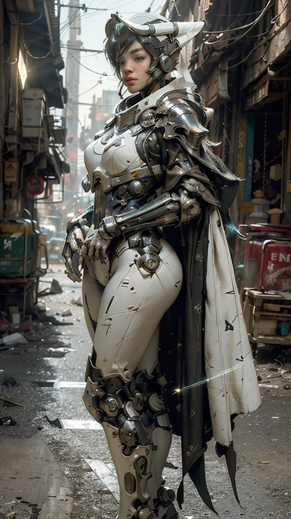 ((best quality)), ((masterpiece)), ((realistic)), (detailed), (photorealistic:1.5), a futuristic girl, (thick body), (white bodysuit), lights on armor, cybernetic headwear, looking at viewer, dynamic pose, post apocalyptic, destroyed city background, buildings on fire, science fiction, hdr, ray tracing, nvidia rtx, super-resolution, unreal 5, subsurface scattering, pbr texturing, post-processing, anisotropic filtering, depth of field, maximum clarity and sharpness, rule of thirds, 8k raw, (luminescent particles:1.4), (extremely detailed cg, unity 8k wallpaper, 3d, cinematic lighting, lens flare), reflections, sharp focus, cyberpunk art, cyberpunk architecture,