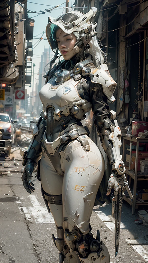 ((best quality)), ((masterpiece)), ((realistic)), (detailed), (photorealistic:1.5), a futuristic girl, (thick body), (white bodysuit), lights on armor, cybernetic headwear, looking at viewer, dynamic pose, post apocalyptic, destroyed city background, buildings on fire, science fiction, hdr, ray tracing, nvidia rtx, super-resolution, unreal 5, subsurface scattering, pbr texturing, post-processing, anisotropic filtering, depth of field, maximum clarity and sharpness, rule of thirds, 8k raw, (luminescent particles:1.4), (extremely detailed cg, unity 8k wallpaper, 3d, cinematic lighting, lens flare), reflections, sharp focus, cyberpunk art, cyberpunk architecture,