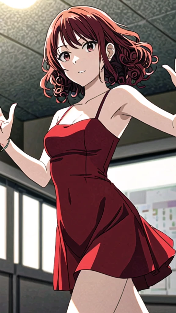 1 girl, with curly red hair, dancing