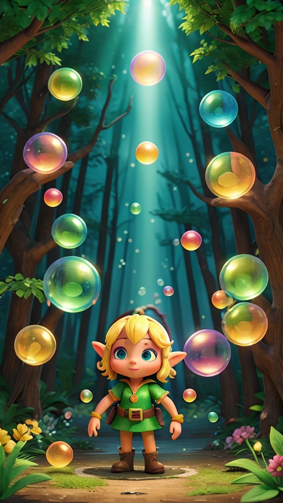 Sunny colorful bubbles Mysterious forest Clear lake Guardian elves Special cleaning agent Strange flowers Brave adventure Friendship cooperation Purifying light