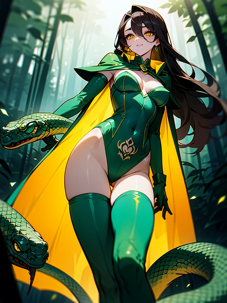 (dark hair with slight blue hue, long hair) , yellow slit eyes, in forest, tight leotard open from cleavage to below navel, large breast hardly contained, small green cape over her right shoulder, thigh-high boots, green gloves, snake tattoo on left leg and scales tattoo under her left eye,nice lighting