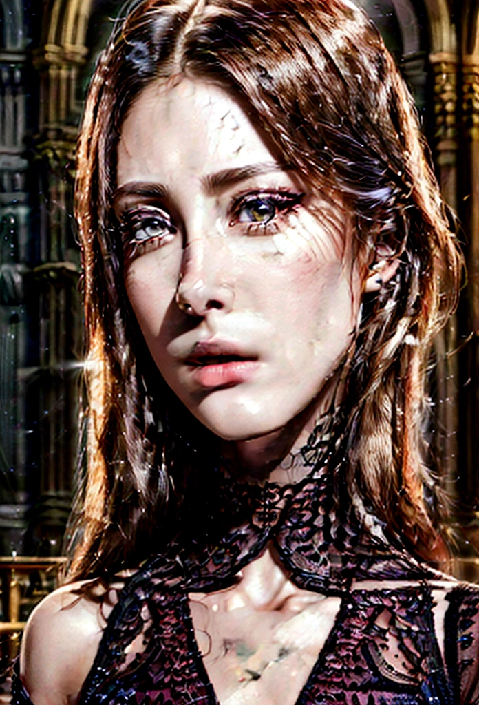 hyper realistic image, digital art, extremely detailed, 8k, intricate details, a well-lit theater where an opera singer performs on a stage, in the background of the image you can see an orchestra positioned, the woman is posing as if she were singing facing
