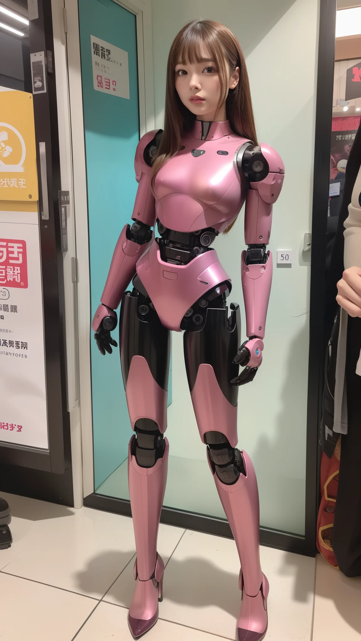 (Photorealsitic:1.4)、one robot woman、(top-quality)、(hyperdetailed face)、(Super well-formed face)、(Robot Parts)、(Female-Robot)、(25 years-old)、(pink)、(Burgundy)、(metallic)、(full-body)、(sexy pose)、(Slender body)、(Model body type)、(full body mech)、(Akihabara)、(is looking at the camera)、(A brown-haired)、(Well-proportioned body)、(a small face)、(a small head)、(well-groomed fingers)、(Idol)、(front facing)、(Standing with legs open)、(Photo session)、(Looks sad)、(perfect-female-robot)、(perfect-mechanical-body)