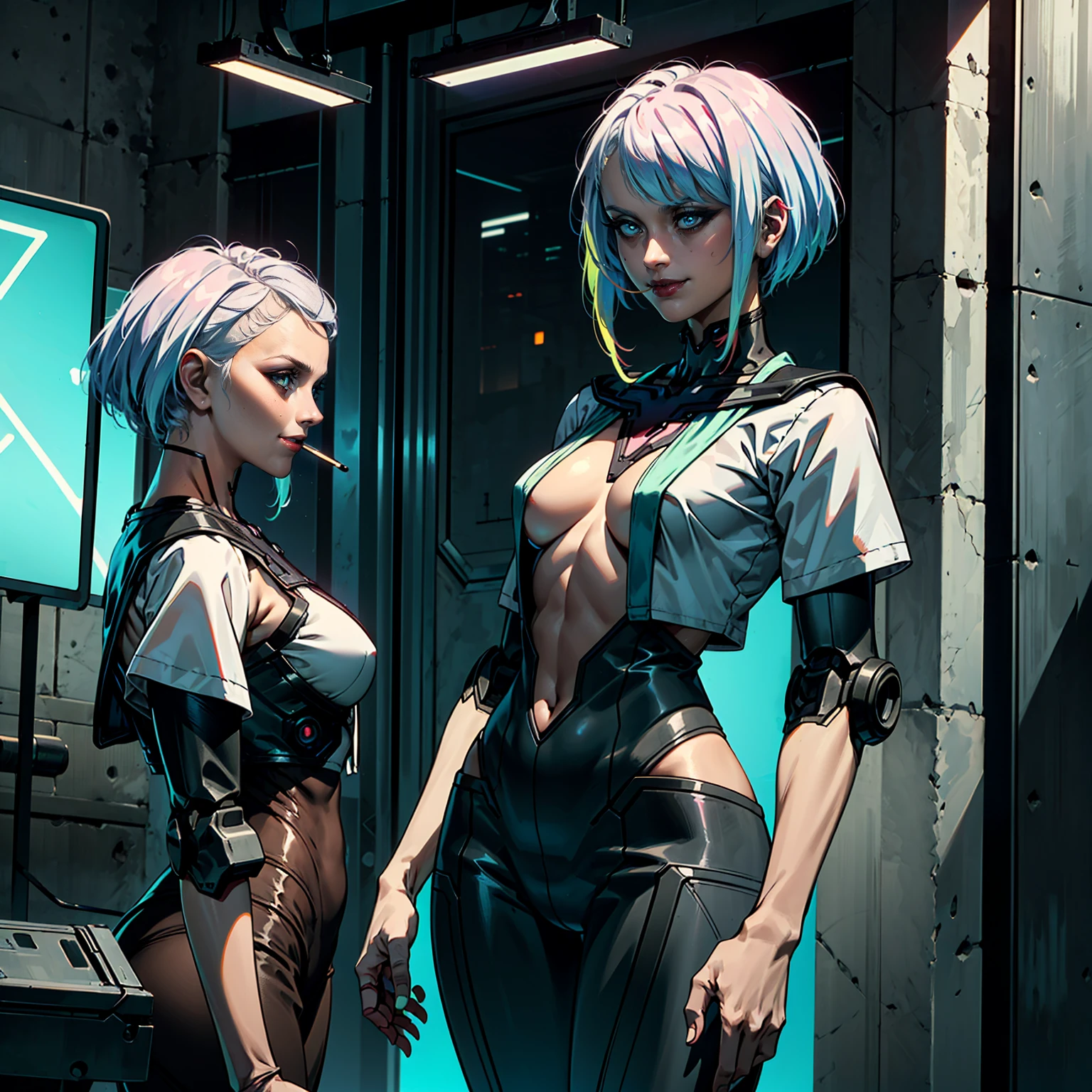 EdgerunnersLucy, ((multicolored hair, asymmetrical hair, glowing blue eyes, makeup, narrow waist, skinny, medium breasts)), pelvic curtain, ((eva school uniform)), full body, perfect body, (insanely detailed, beautiful detailed face, masterpiece, best quality) , (((solo))), (((1robot))), (((mature))), (extremely detailed 8k paper CG wall unit: 1.1), (cyberpunk, street, night), (smile face for the viewer), Smoking a cigarette