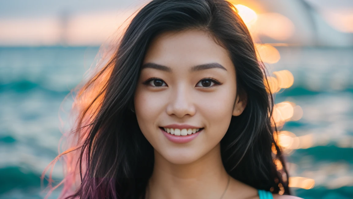 arafed woman with long black hair with purple high lights diving at the beach with a dolphin, flowing black hair purple high lights, with black hair, photo of a beautiful woman, long flowing black hair, black golden hour, curly pink hair, beautiful young asian woman, beautiful asian woman, wild ginger hair, pink wispy hair, light pink hair, a young asian woman, an asian woman, infp young woman,  Portrait photo of a 22-year-old french girl in RAW UHD format (Brown-eyed woman)  Details (textures! , Hair! , glistering, Color!! , imperfections: 1.1), highly detailed glossy eyes (looking at the camera), DSLR Lighting, SLR camera, Ultra-Quality, sharpness, Depth of field, Film grain (Downtown), Fujifilm XT3, Crystal clear, Frame Center, beatiful face, sharp-focus,  neon lighting, bokeh (lit), day time, (open  sky), detailed skin pores, oilly skin, suntan, Complex eye details, (((kissing a Dolphin))), ((smiling)), ((diving))