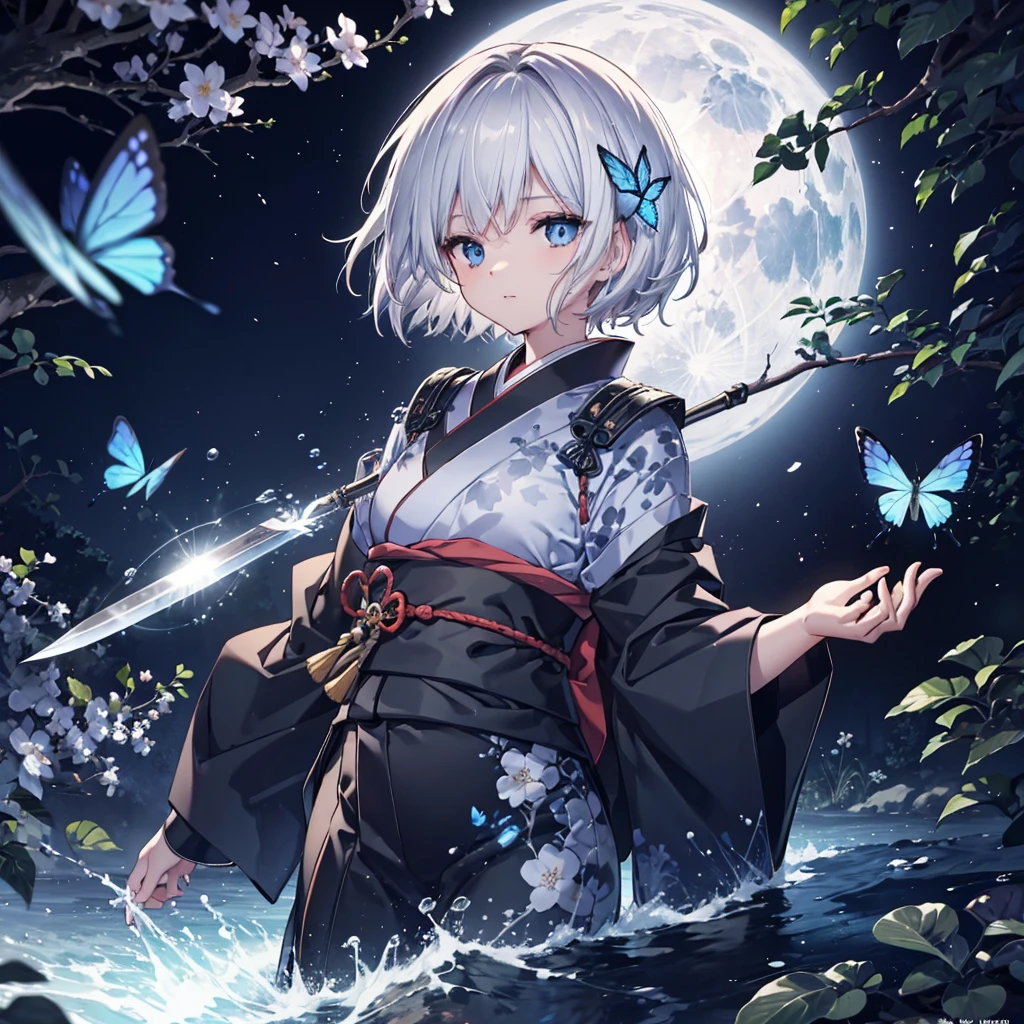 (((1 person))) ((High resolution Gray Hair short hair Black kimono Shoulder)) ((Black Band military commander Lonely despair blue eyes)) ((Blue Butterfly night Japanese style old Shining Aura garden water surface)) (dance 日本knife knife Slashing) moon star Draw your sword Slashing Catch the wind