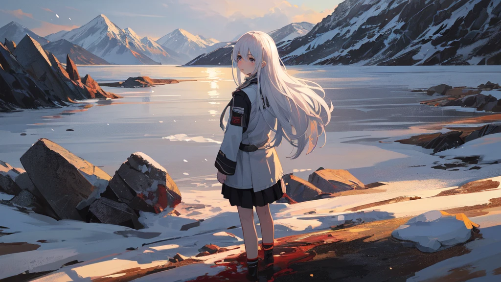 masterpiece:1.2), best quality , 独奏 ,pixiv, anime girl ,long straight white hair , black eyes ,Wearing off-white camouflage uniform ,ten years old,modern battlefield,(Eyes looking into the distance:1.3),(look away:1.5),snowy weather,dirty face,blood on forehead,dirty face,Backlight,Bare rocky peaks ,The expression is sad,leave tears,When the war situation seems to be developing for the better,,A girl wakes up from her deep sleep,She doesn't understand her own life、Not sure about the power in the body,As pure as white paper。At the same time, another soul is sleeping inside the girl's body.,it was an accident,It is also one of the waves that changes the world。Figures are smaller