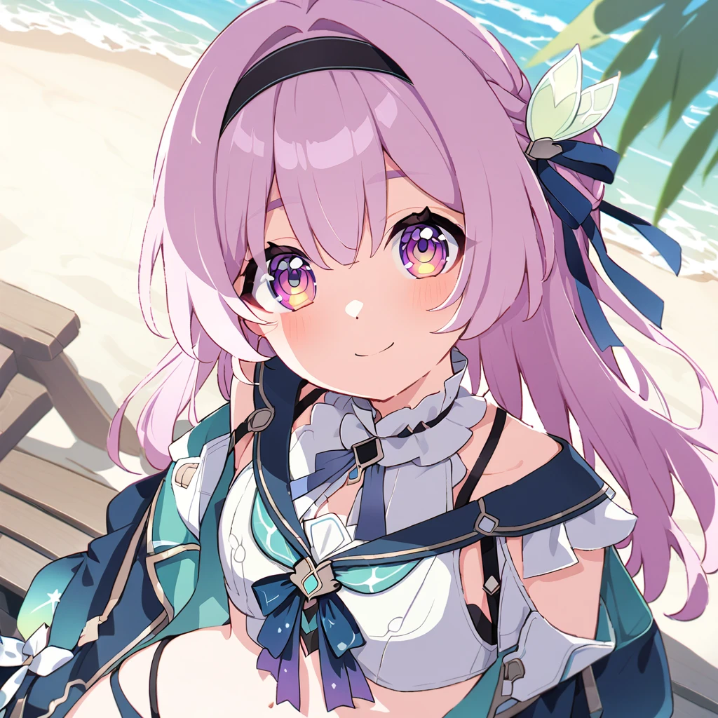 firefly \(honkai: star rail\),a little girl is sitting on a bench along the beach, 1girl, solo, bikini, swimsuit, outdoors,looking at viewer, smile, sitting, navel, open ,momoi (blue archive),