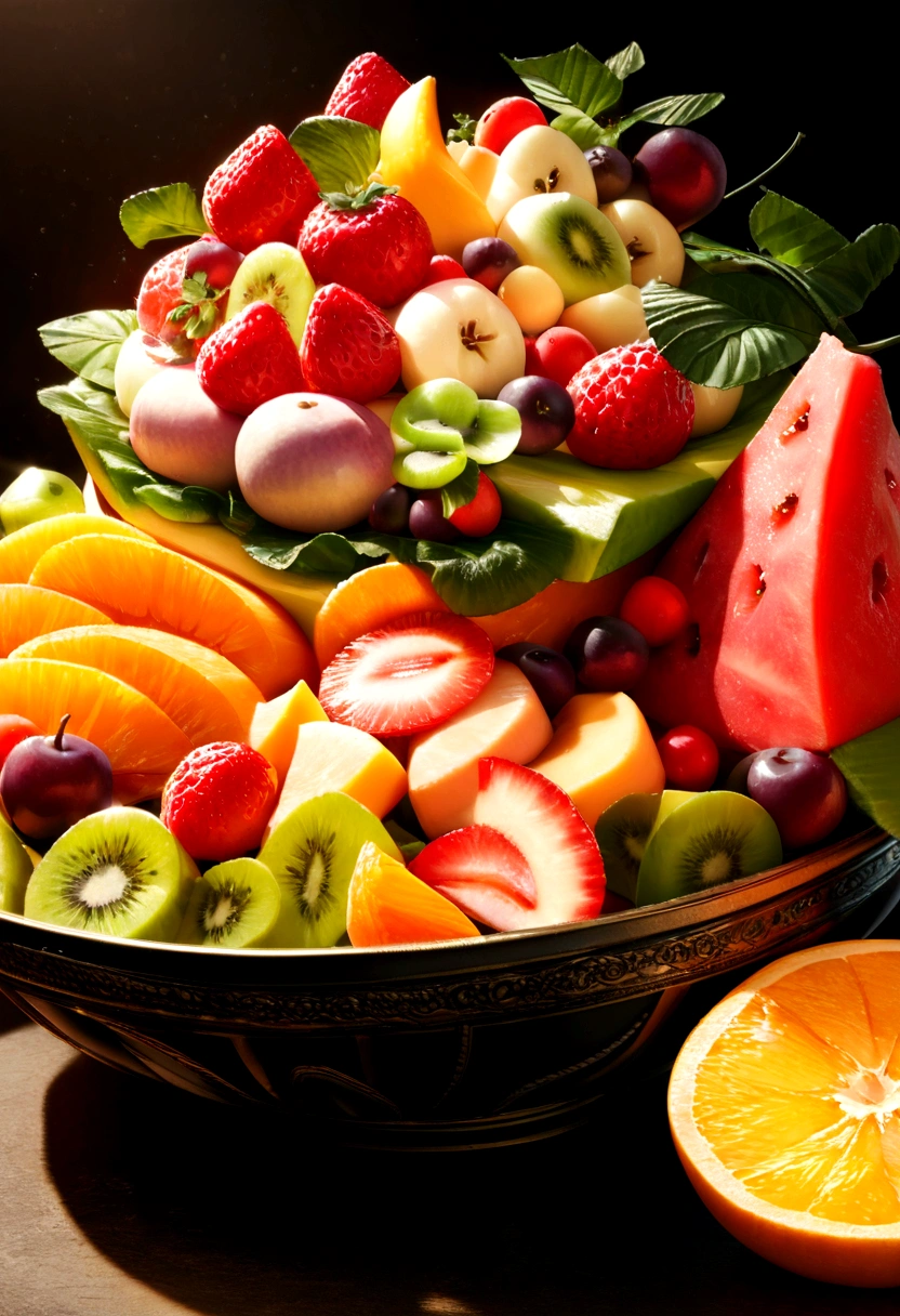 Delicious fruit salad, Cinematic, Professional photography, Studio Lighting, Studio Background, Advertising Photography, Intricate details, Ultra-detailed, Ultra-realistic, 8K Ultra HD
