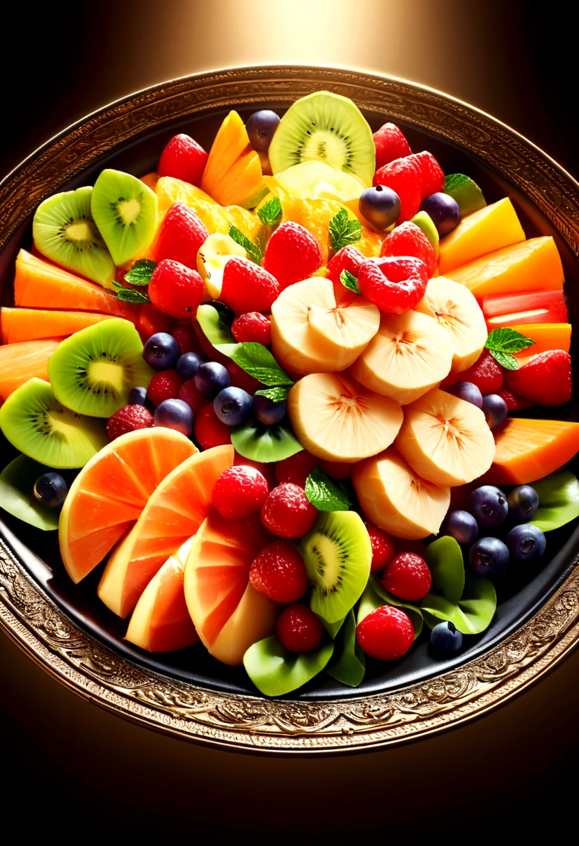 Delicious fruit salad, Cinematic, Professional photography, Studio Lighting, Studio Background, Advertising Photography, Intricate details, Ultra-detailed, Ultra-realistic, 8K Ultra HD