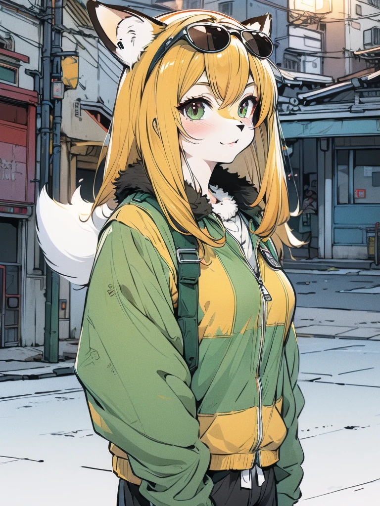 Masterpiece, 1girl, solo, (best quality,4k,8k,highres,masterpiece:1.2), ultra-detailed, skinny fox, adult, (green jacket, black shorts, yellow sneakers, yellow sunglasses, fox tail, orange hair), ((detailed clothes, detailed fur texture, hyperdetailed face, intricate detail, highly detailed, fine details best quality)), cyberpunk city background, ((detailed background, bright color tones, digital art, beautiful lighting))