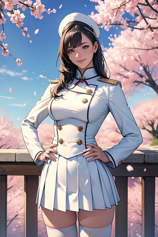 masterpiece, best quality, nmascot, epaulettes, uniform, pleated skirt, white thighhighs, medium breasts, looking at viewer, upper body, petals, cherry blossoms, light smile, sky, clouds, hands on hips, beau